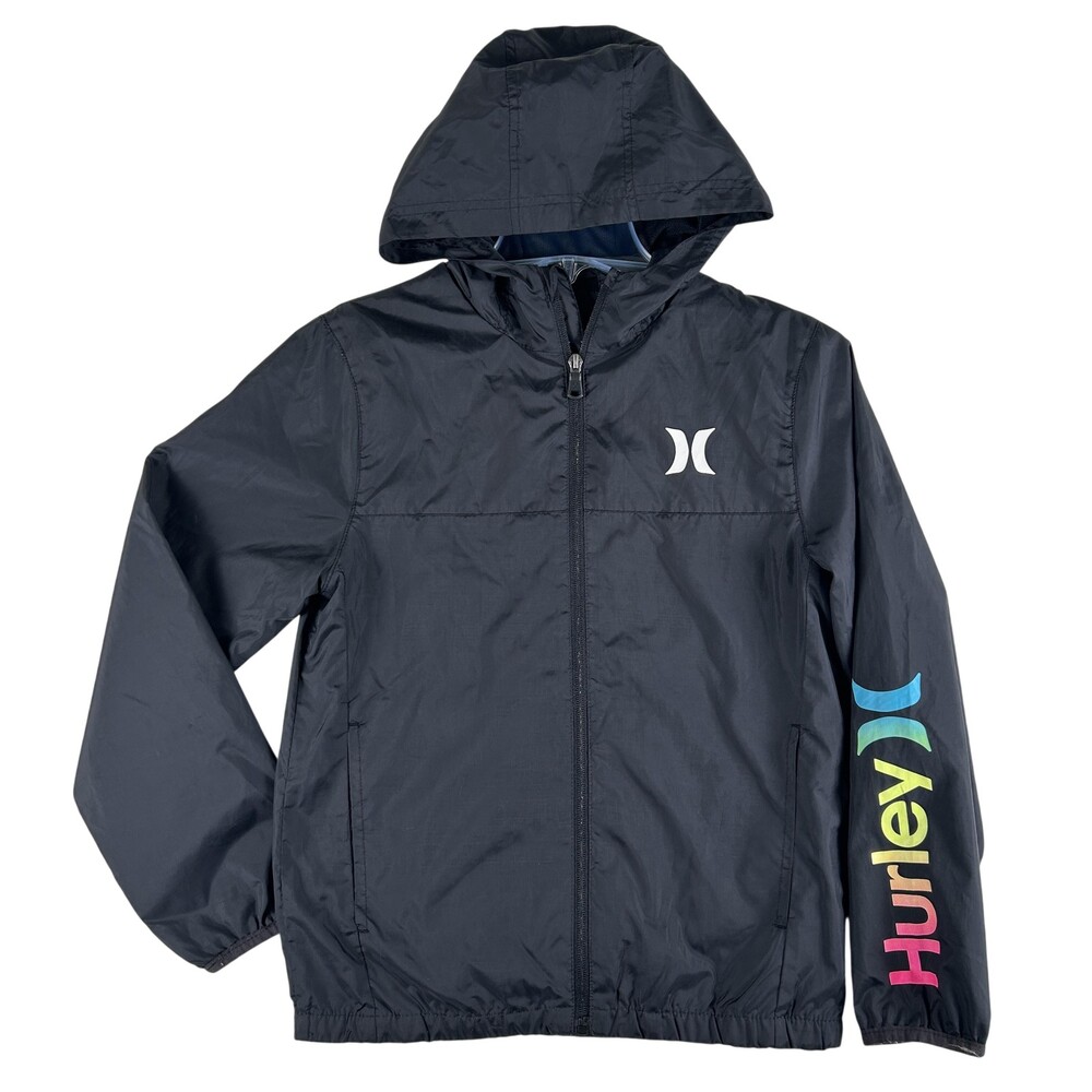 Hurley Jacket Youth Medium 10-12 Black Hooded Full Zip Logo Windbreaker Surf